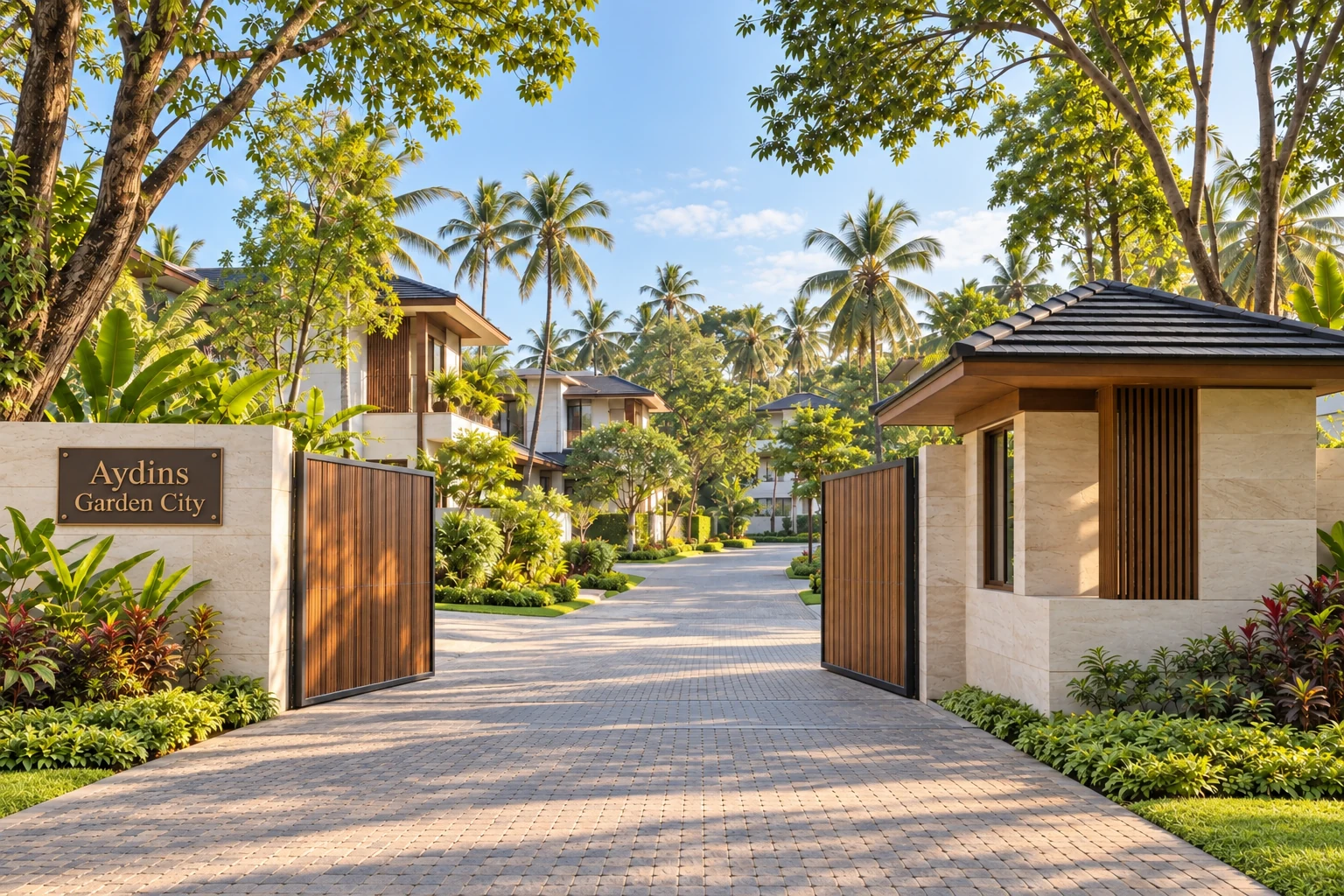 AI-assisted photographic visualization of the Aydins Garden City gated entrance