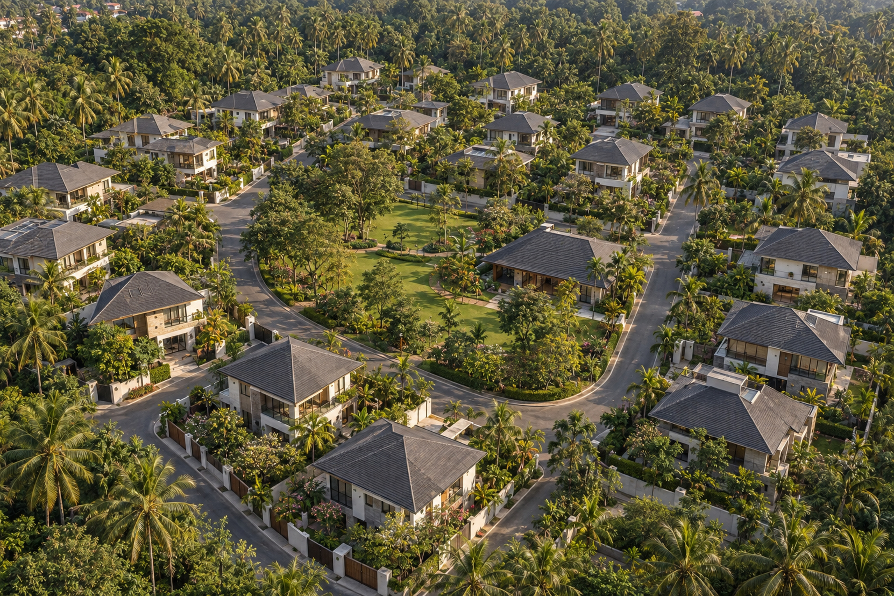 Aerial Oblique Perspective of Aydins Garden City Villa Community and Central Parkland
