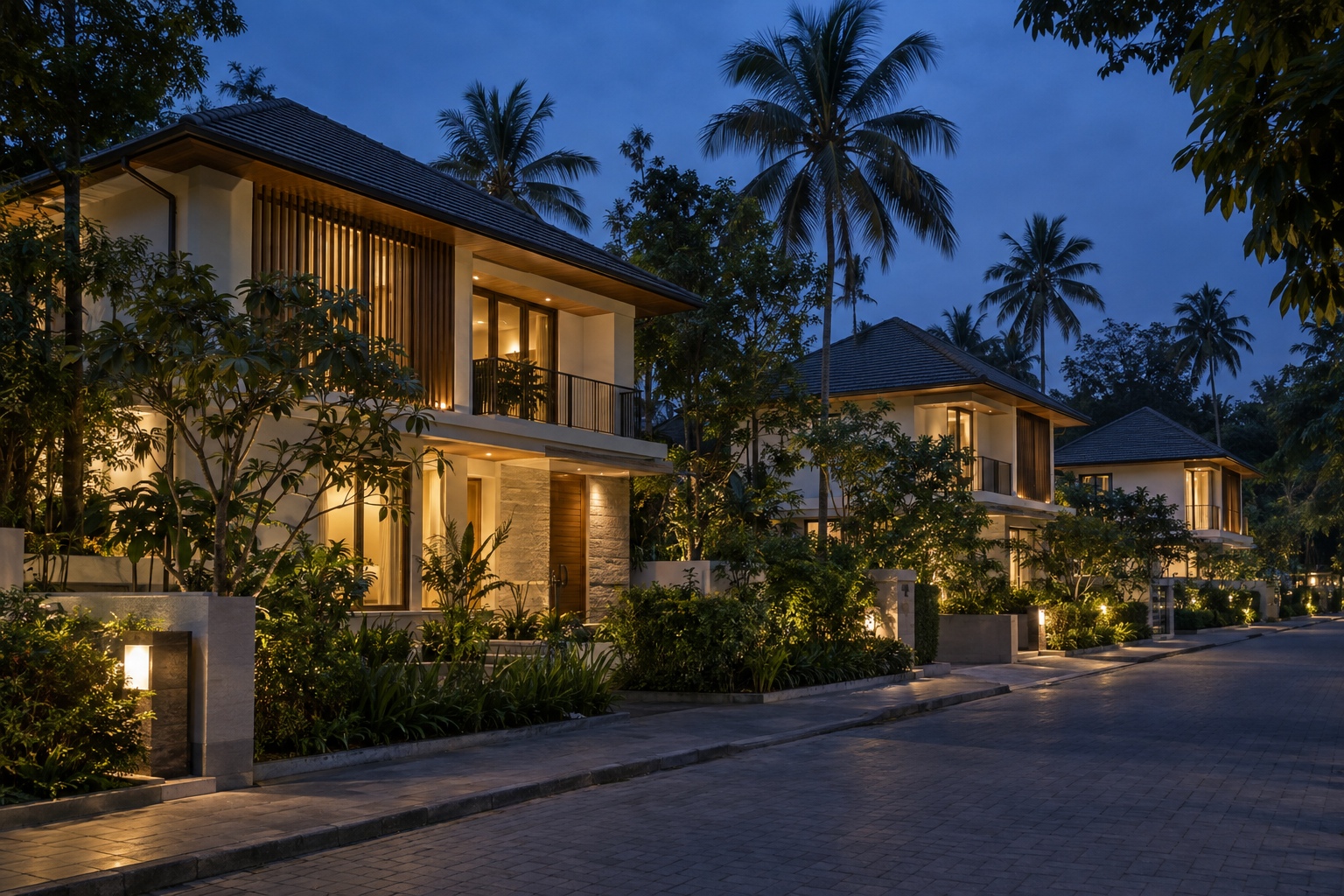 Quiet Residential Street at Blue Hour with Warm Ambient Lighting