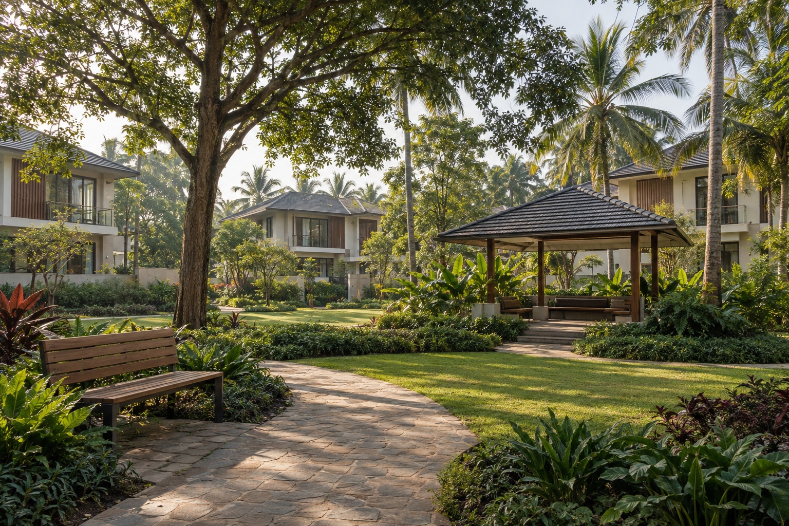 Central Landscaped Park with Native Shade Trees and Stone Paths