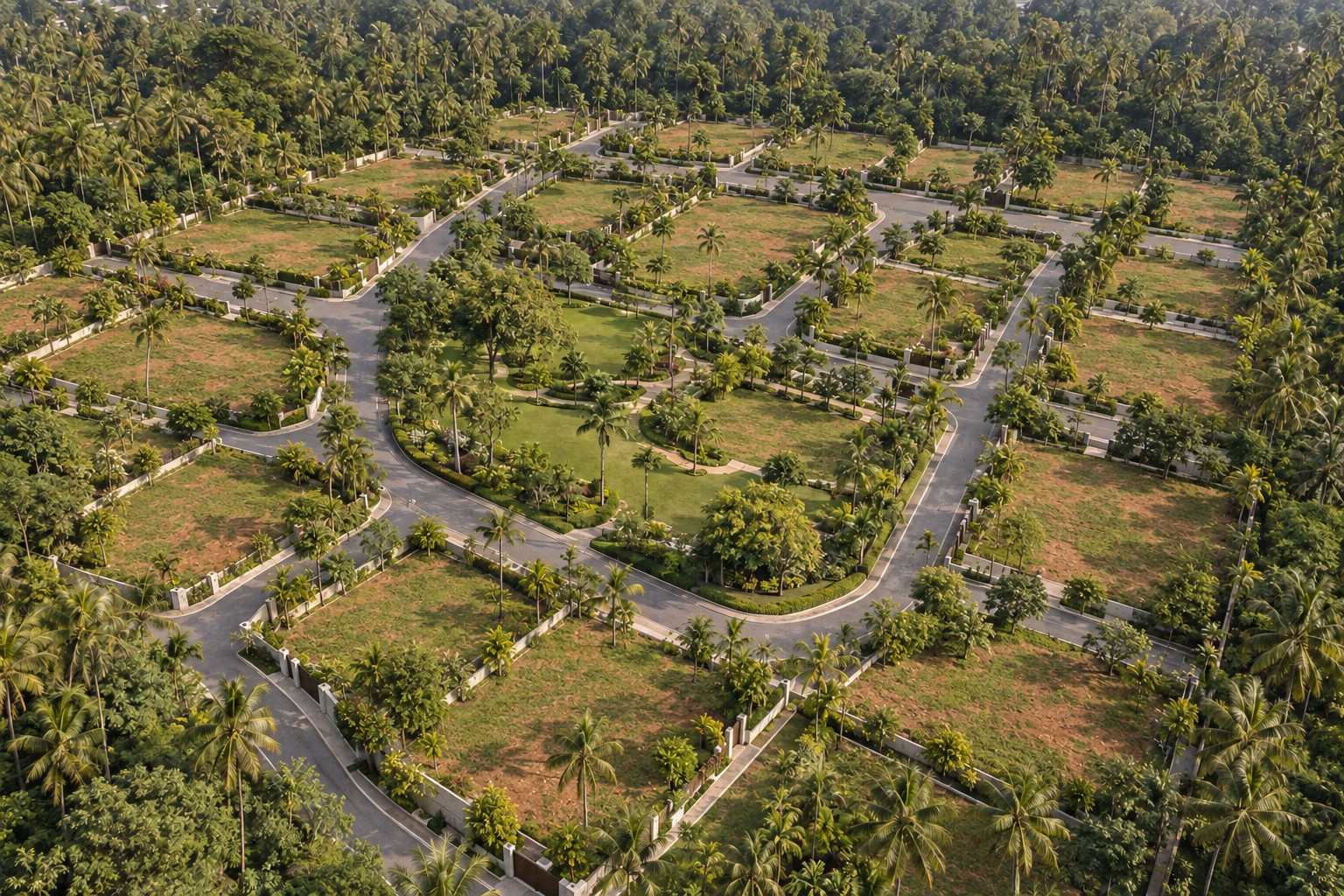 Illustrative aerial perspective of Garden City plots and central green space