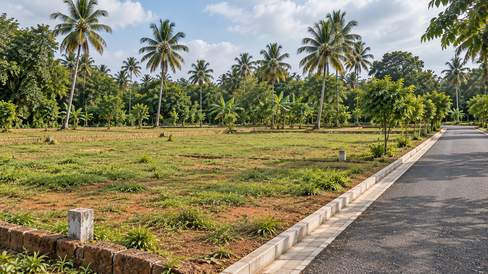 Morning perspective across open green plots