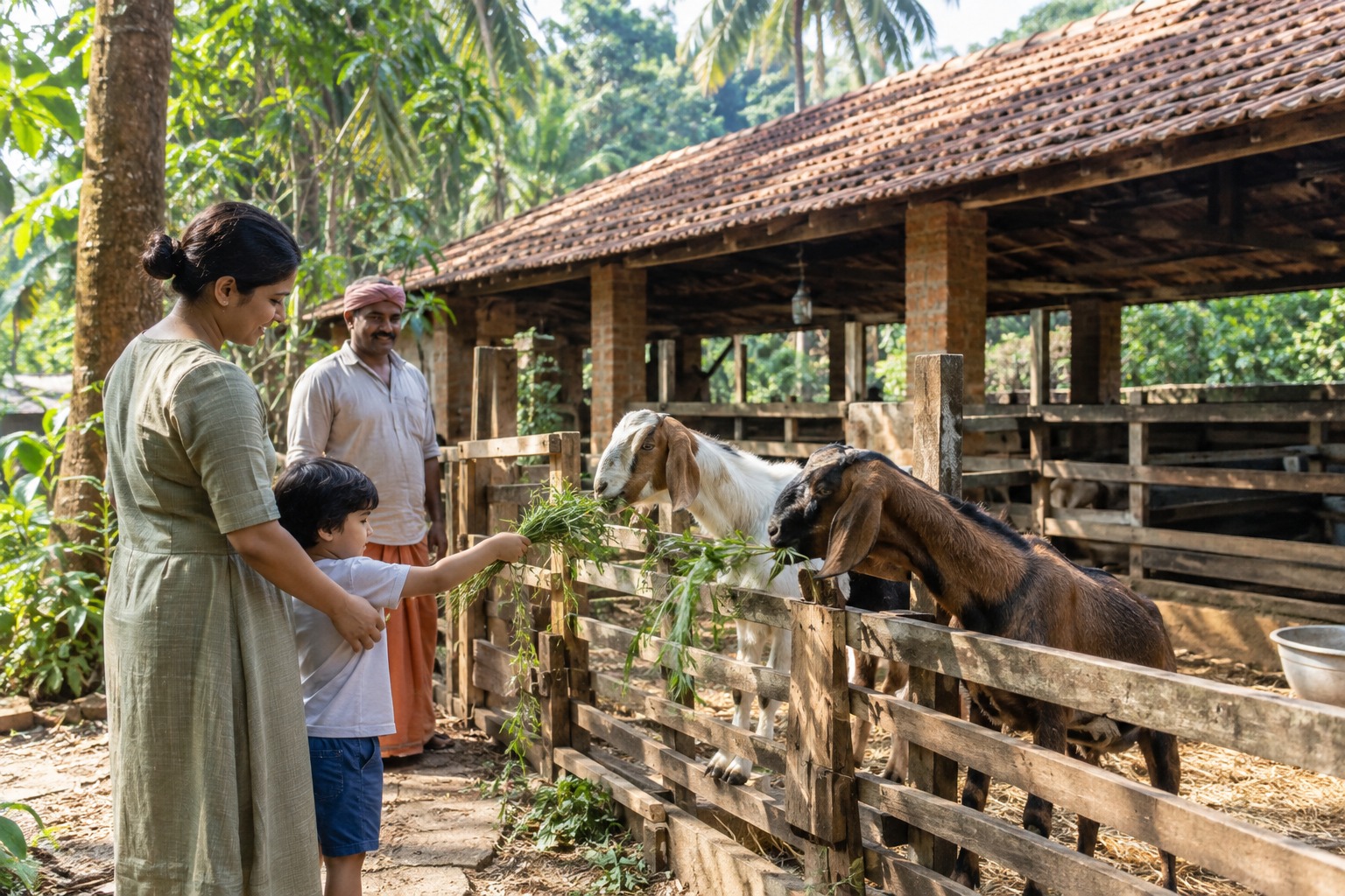 Family Feeding Healthy Goats at Wooden Paddock Fence