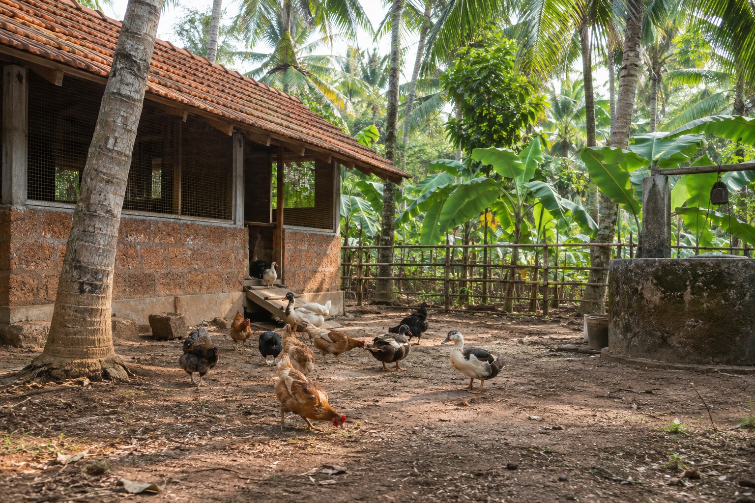 Local Hens and Ducks Foraging beside Ventilated Farm Poultry Shelter