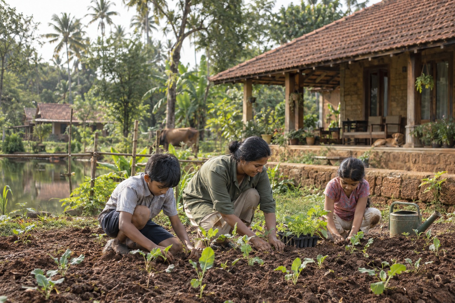 Children and Farm Educator Transplanting Seedlings into Living Soil Beds