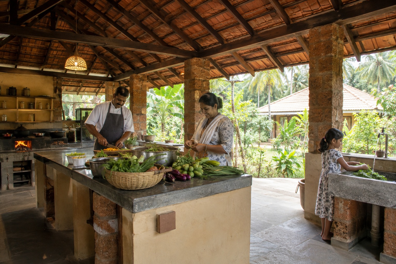 Airy Shared Farm Kitchen with Laterite Columns and Fresh Vegetables