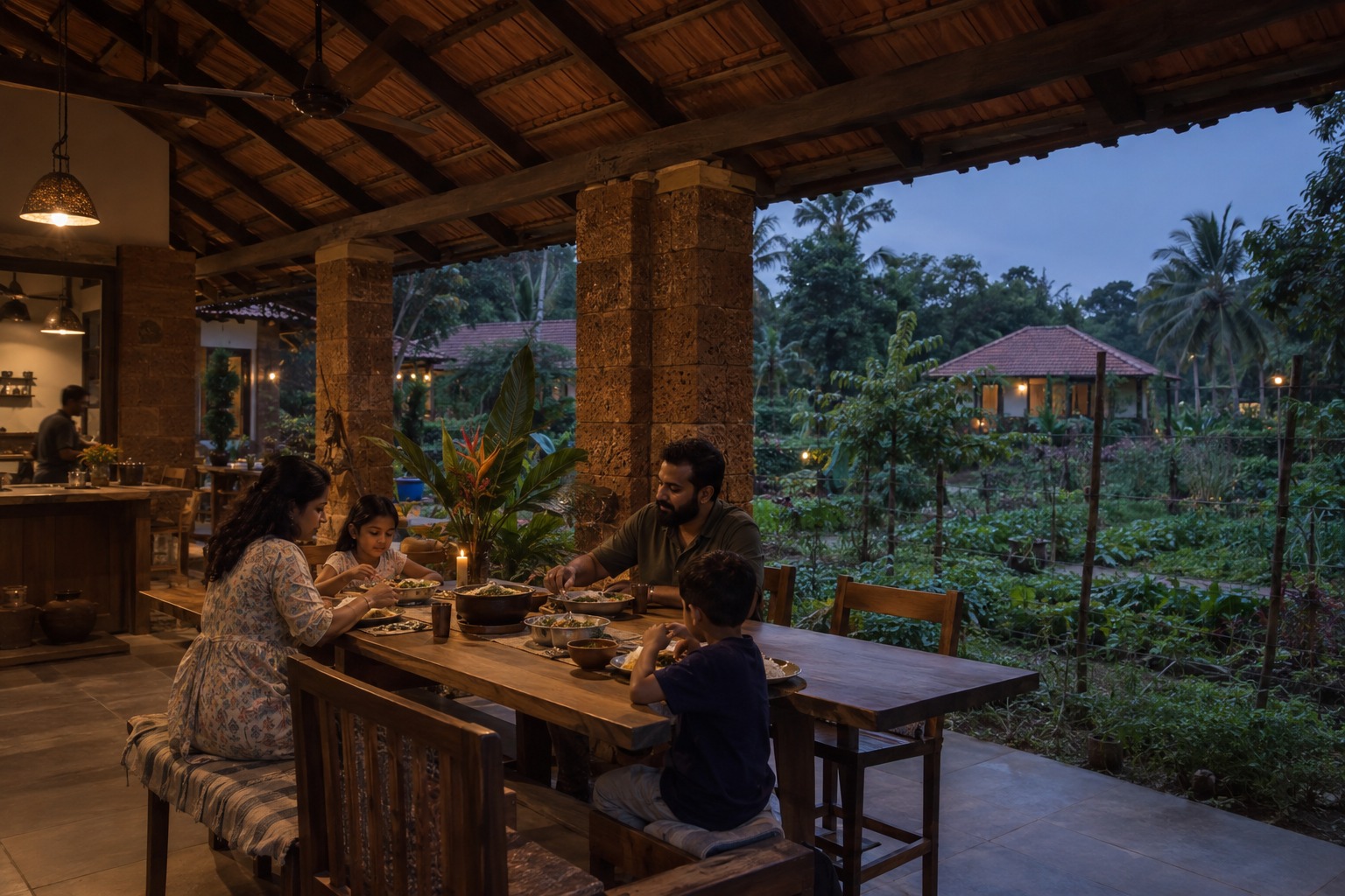 Communal Veranda Evening Dinner with Warm Lanterns and Fresh Farm Food