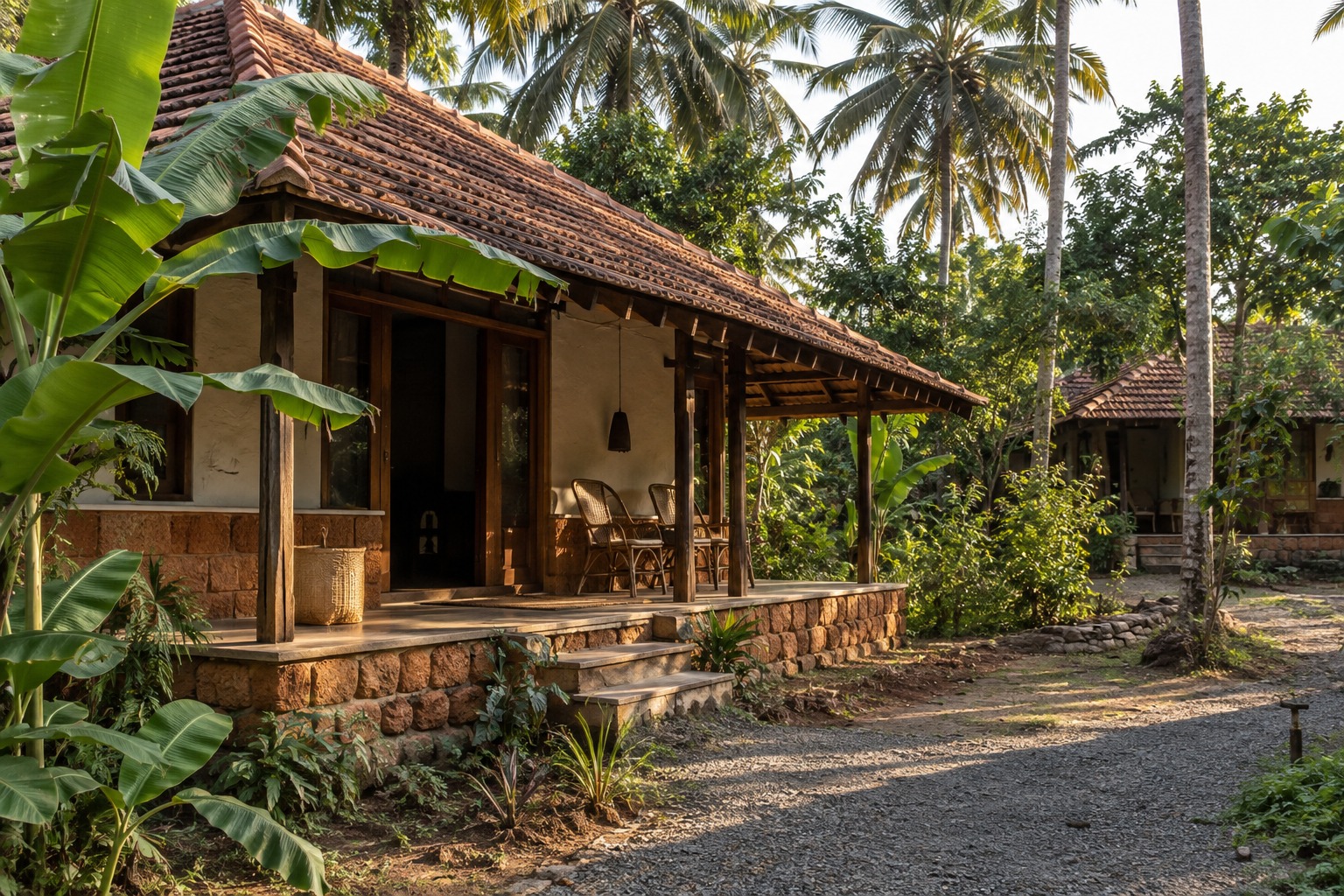 Family Stay Hut with Terracotta Roof, Timber Veranda and Banana Palms