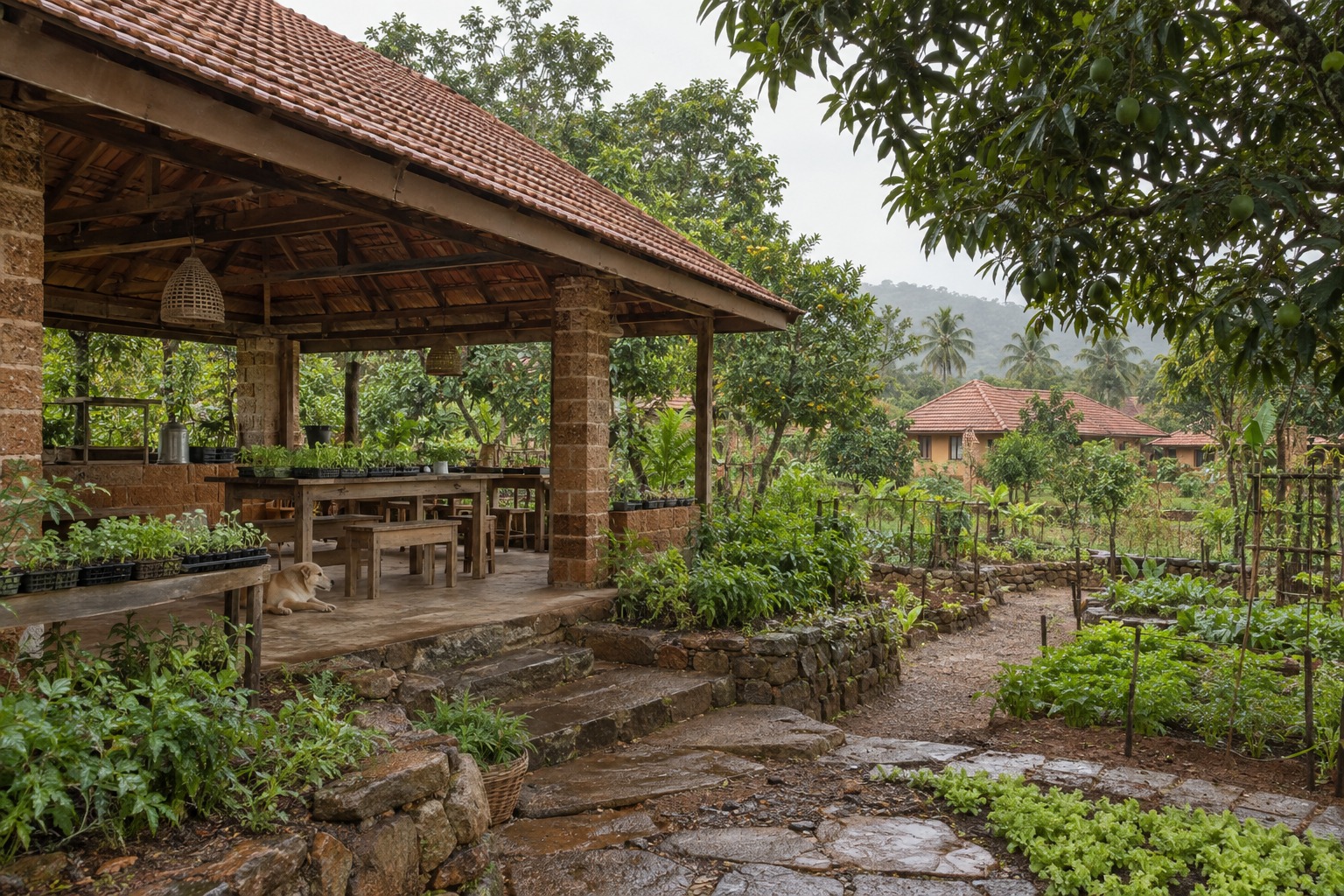 Timber and Laterite Garden Pavilion Overlooking Vegetable Beds