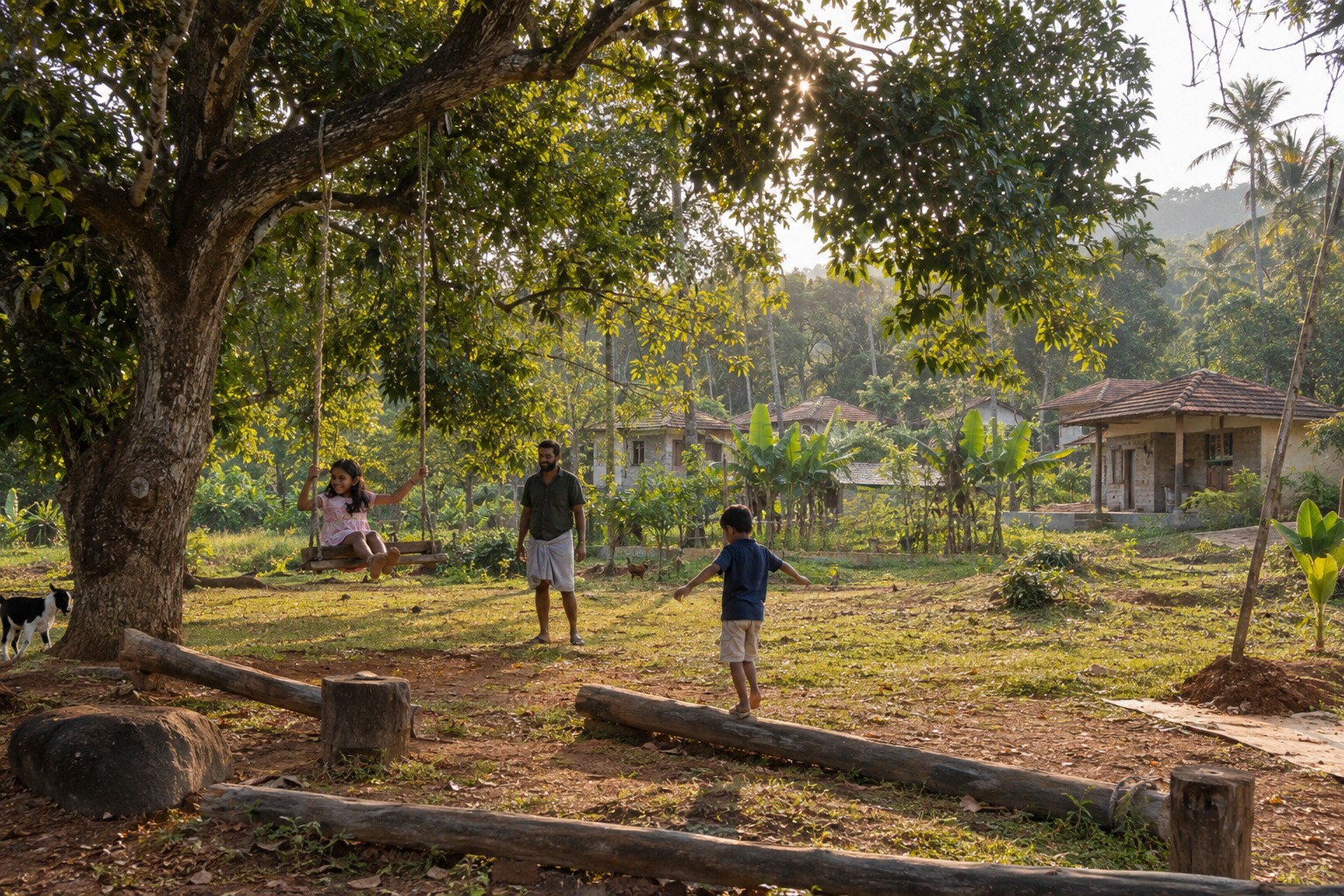 Children Enjoying Organic Nature Play Area under Tropical Shade Trees