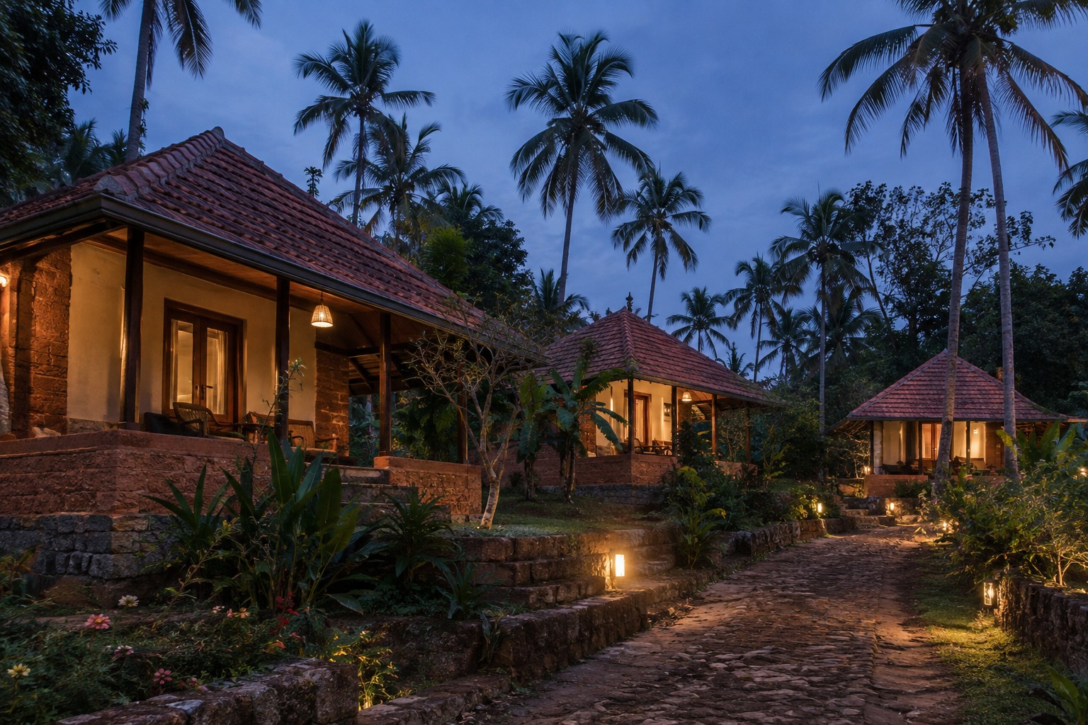 Blue Hour Twilight Exterior of Family Cottages with Warm Shaded Lamps