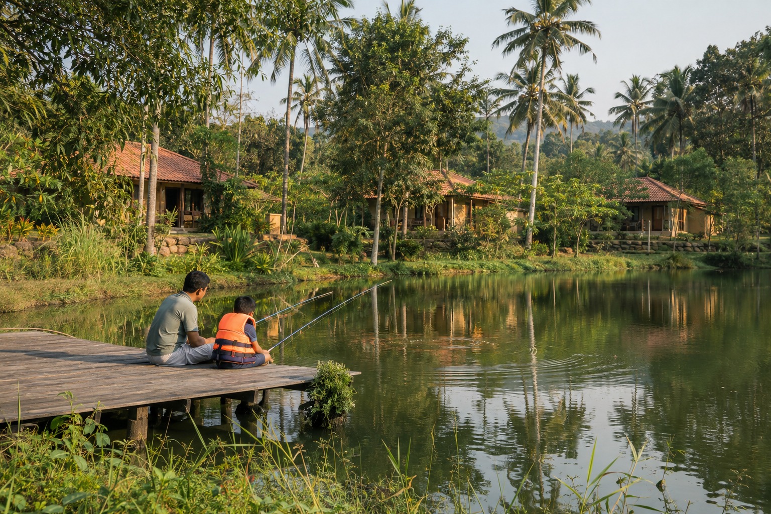 Pondside fishing scene with cottages at Aydins Heaven