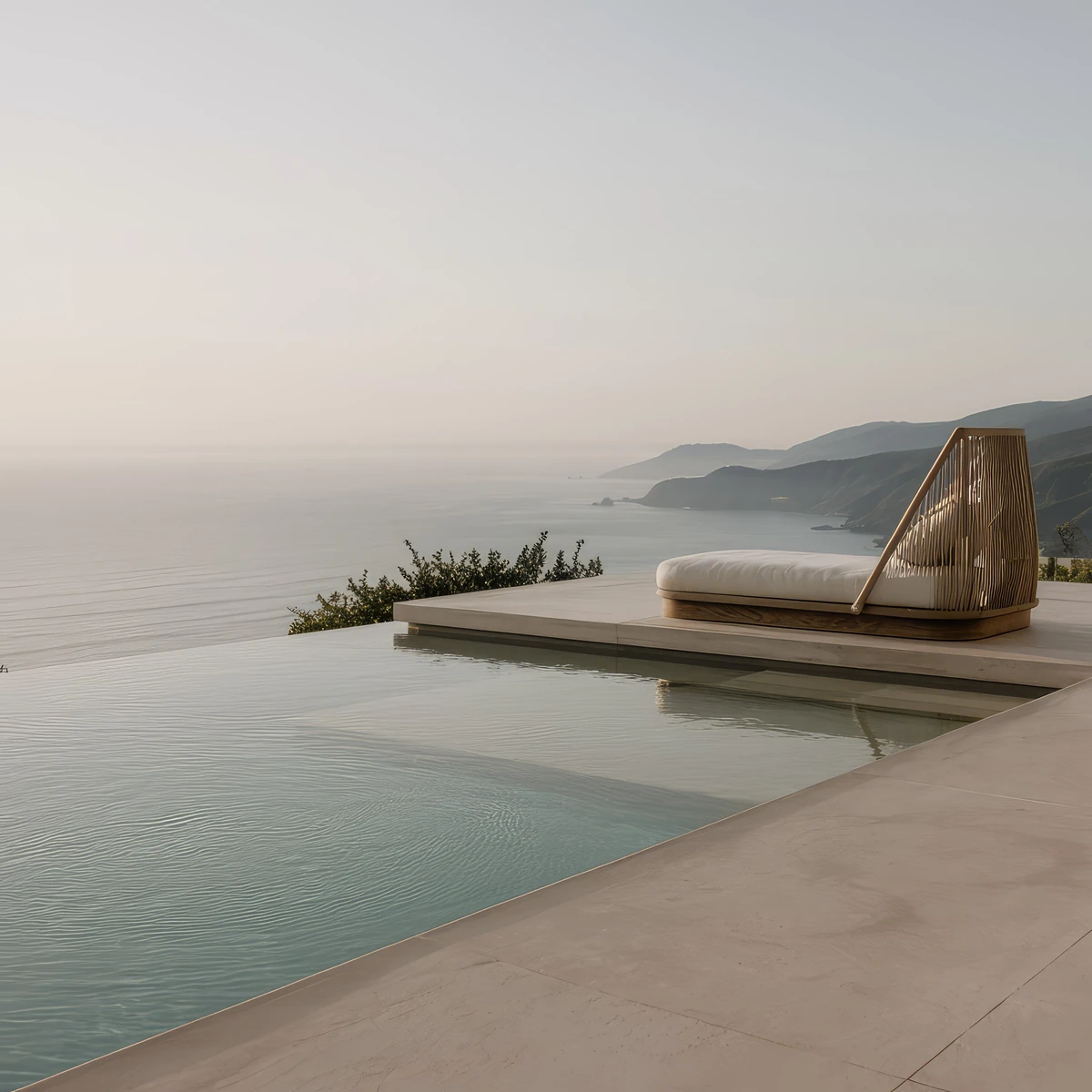 Quiet resort terrace and pool overlooking the coast